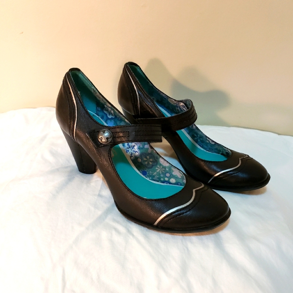 Mjus Mary Janes Dark Charcoal Grey Turquoise Floral Pattern Italian NWOT